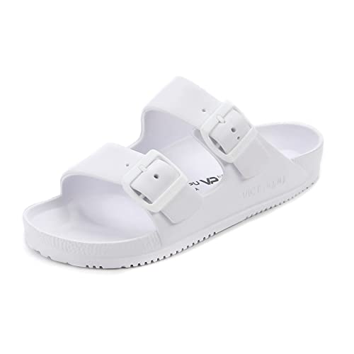 VICT POPU Pantoletten Damen mit Fussbett Sandalen Flach Rutschfest Sommer Badelatschen Lässig EVA Slides Erwachsene Schlappen Weiß 36 von VICT POPU