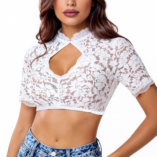 VICTERR Damen Dirndlbluse Spitze Weiß Dirndl Bluse Halbarm Oktoberfest Trachtenbluse Traditionelle Kleidung Trachten Bluse M von VICTERR