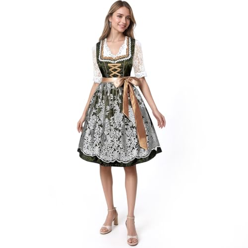 VICTERR Dirndl Damen,midi Lang Dirndl,Trachtenkleid Trachtenrock Dirndl,Dirndlbluse Dirndlschürze 3 teilig für Oktoberfest Besondere Anlässe Dirndl 40 von VICTERR