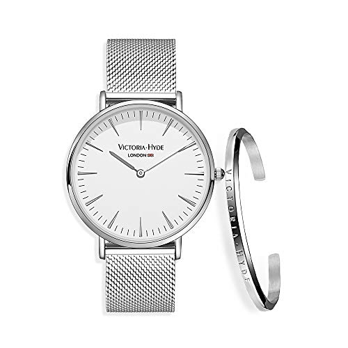 VICTORIA HYDE Damen Herren Unisex Uhr Armreif Set Analoges Quarzwerk Edelstahl Mesh Band (Weiss/Silber+S) von VICTORIA HYDE