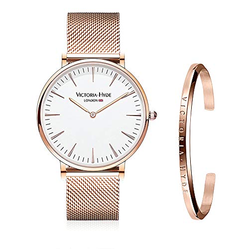 VICTORIA HYDE Damen Herren Unisex Uhr Armreif Set Analoges Quarzwerk Edelstahl Mesh Band (Weiss/rosagold+Rosagold/S) von VICTORIA HYDE