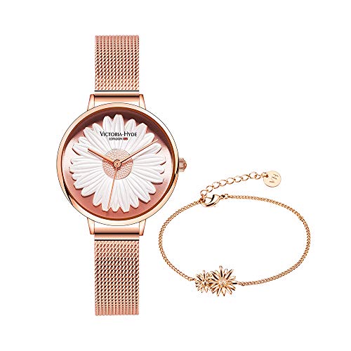 VICTORIA HYDE Elegante Damenuhr Gänseblümchen Armband Set Armbanduhr mit Edelstahl Mesh Band von VICTORIA HYDE