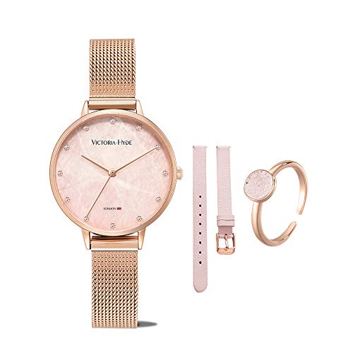 VICTORIA HYDE Damen Uhren Rosegold Edelstahl Mesh Band mit Leder Armband Kristall Ring Zubehör von VICTORIA HYDE