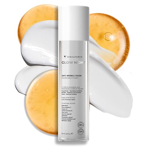 VidalForce Glow Night Nachtcreme Anti-Falten für Männer & Frauen - Hyaluronsäure Full Spectrum - Verkapseltes Retinol & Bakuchiol - Vegane Natürliche Gesichtscreme zur Straffung Hydratation & Glättung von VIDALFORCE