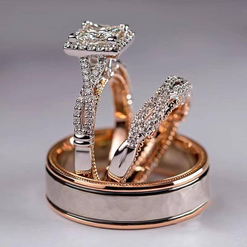 Cz Diamant Trio Ring Set - 14K Rose Gold Plated Sterling Silber Brautringe von VIDDHYA