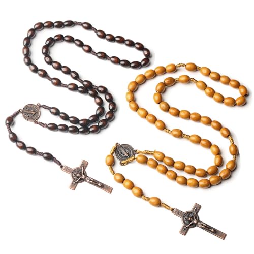 VIDSTW 2 Stück Holz Rosenkranz Kette Rosenkranz Katholisch Kreuzen Gebetskette Christlich Halskette Rosenkranz Kette Herren und Frauen für Heilige Kommunion Taufe Messe Bibel von VIDSTW