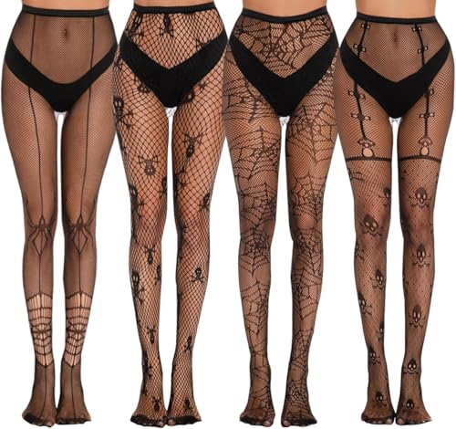 VIDSTW 4 Paar Halloween Netzstrümpfe Halterlos Atmungsaktiv Halloween Deko Fishnet Stockings mit Totenkopf Spinnennetzmuster Halterlose Strümpfe für Damen Schwarz Netzstrumpfhose für Rollenspiele von VIDSTW