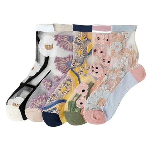 VIDSTW 5 Paar Durchsichtige Socken Blumenmuster Söckchen Damen Netz-Design Spitzensocken für Damen Leicht und Atmungsaktiv Rüschen Socken Einheitsgröße für Kleider Röcke Shorts von VIDSTW