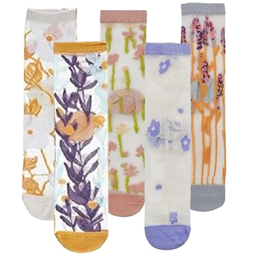 VIDSTW 5 Paar Durchsichtige Socken Blumenmuster Söckchen Damen Netz-Design Spitzensocken für Damen Leicht und Atmungsaktiv Rüschen Socken Einheitsgröße für Shorts Kleider Röcke von VIDSTW