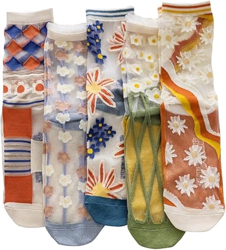 VIDSTW 5 Paar Durchsichtige Socken Transparente Blumensocken Nylon Socken Damen Kurze Ultra Dünner Netz Sommer Seidige Coole Rüschen Feine Modisch Rutschfeste Knöchelsocken für Damen Mädchen von VIDSTW