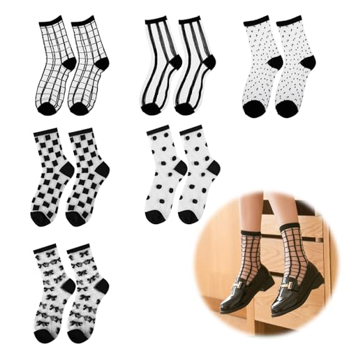 VIDSTW 6 Paar Durchsichtige Socken Transparente Schwarz Nylon Socken Damen Kurze Ultra Dünner Netz Sommer Seidige Coole Rüschen Feine Modisch Rutschfeste Knöchelsocken für Damen Mädchen von VIDSTW
