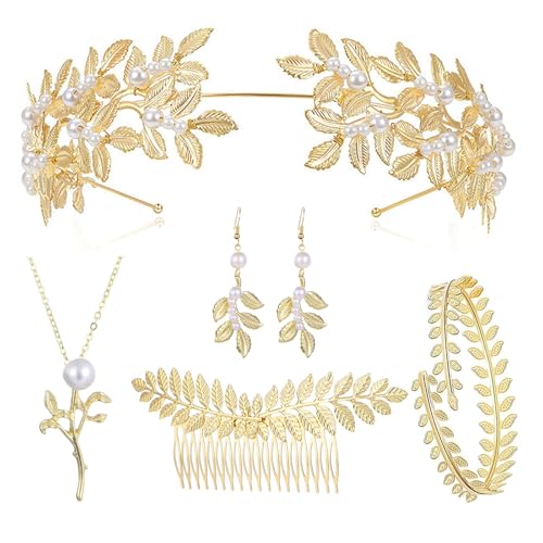 VIDSTW 6 Stück Griechische Göttin Kostüm Lorbeerkranz Schmuck Set Enthalten Ohrringe Armbänder Halskette Haarbänder Haarkämme Lorbeerblätter Schmuckset für Braut Hochzeit Toga Party (C) von VIDSTW