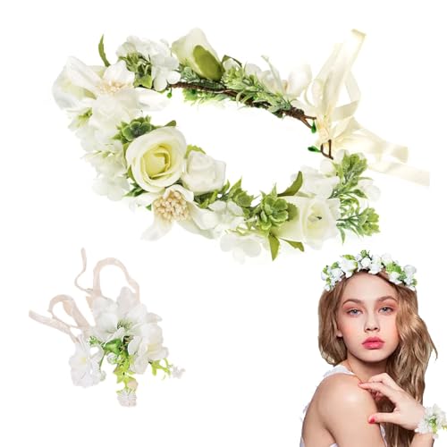 VIDSTW Blumenkranz Haare Verstellbar Haarkranz Blumen Haarreif Imitierte Rosen Armband Kommunion Haarkranz Blumen Blumenkranz Kommunion Mädchen Bohème-Stil für Strand Festival Hochzeit von VIDSTW