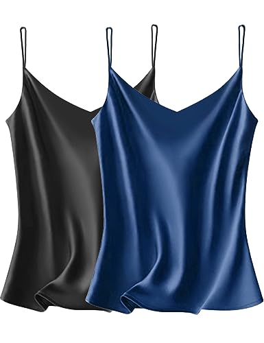 VIDUSSA 2er Pack Damen Satin Cami Tank Top Basic Shirt V-Ausschnitt Ämellose Blusen Seidentop Oberteile Schwarz+blau M von VIDUSSA