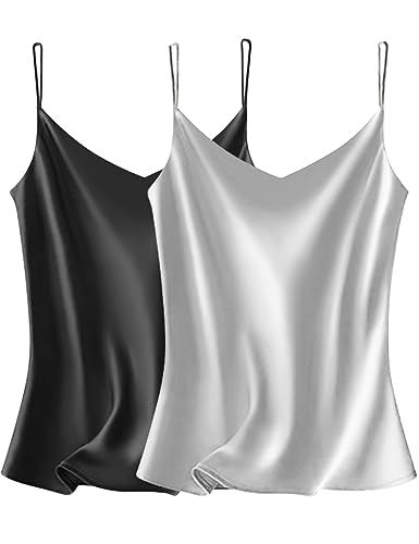 VIDUSSA 2er Pack Damen Satin Cami Tank Top Basic Shirt V-Ausschnitt Ämellose Blusen Seidentop Oberteile Schwarz+grau S von VIDUSSA