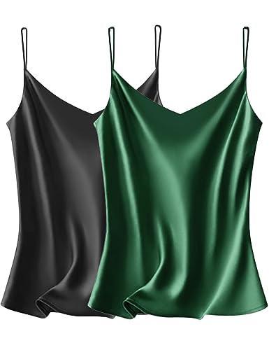 VIDUSSA 2er Pack Damen Satin Cami Tank Top Basic Shirt V-Ausschnitt Ämellose Blusen Seidentop Oberteile Schwarz+grün XL von VIDUSSA