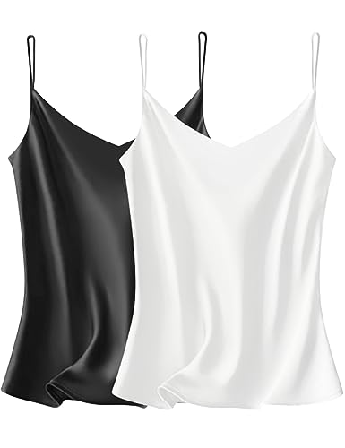 VIDUSSA Damen Satin Cami Tank Top Basic Shirt V-Ausschnitt Ämellose Blusen Seidentop Oberteile 2er Pack Schwarz+weiß L von VIDUSSA