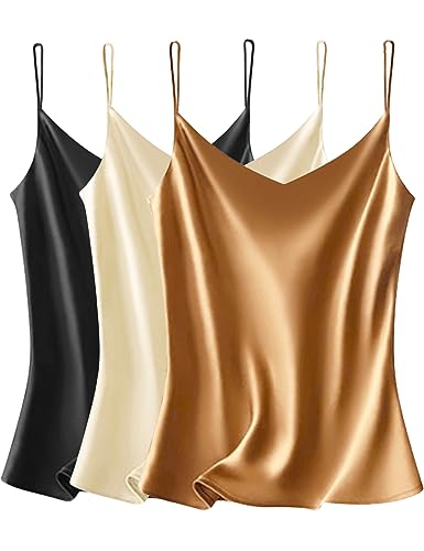 VIDUSSA 3er Pack Damen Satin Cami Tank Top Basic Shirt V-Ausschnitt Ämellose Blusen Seidentop Oberteile Schwarz+Champagner+Khaki M von VIDUSSA