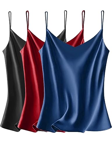 VIDUSSA Damen Satin Cami Tank Top Basic Shirt V-Ausschnitt Ämellose Blusen Seidentop Oberteile 3er Pack Schwarz+Marineblau+Burgunder S von VIDUSSA