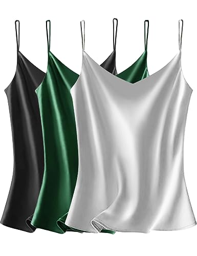 VIDUSSA Damen Satin Cami Tank Top Basic Shirt V-Ausschnitt Ämellose Blusen Seidentop Oberteile 3er Pack Schwarz+grau+dunkelgrün XL von VIDUSSA