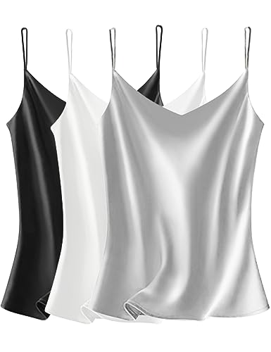 VIDUSSA 3er Pack Damen Satin Cami Tank Top Basic Shirt V-Ausschnitt Ämellose Blusen Seidentop Oberteile Schwarz+weiß+grau S von VIDUSSA