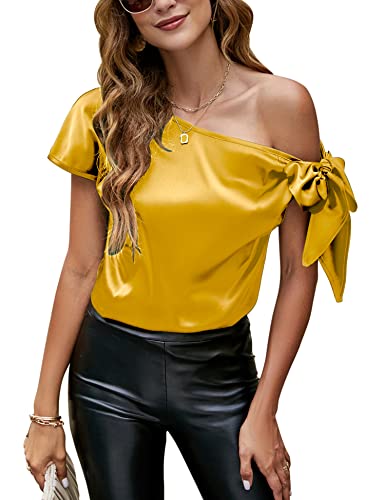VIDUSSA Damen Bluse Elegant Sommer Schulterfrei Kurzarm Lässige Tops Seidig Satin Shirts Gelb XXL von VIDUSSA