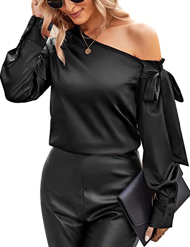 VIDUSSA Damen Bluse Elegant Sommer Schulterfrei Langarm Lässige Tops Seidig Satin Shirts Schwarz XXL von VIDUSSA