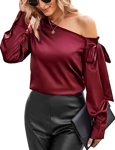 VIDUSSA Damen Bluse Elegant Sommer Schulterfrei Langarm Lässige Tops Seidig Satin Shirts Weinrot L von VIDUSSA