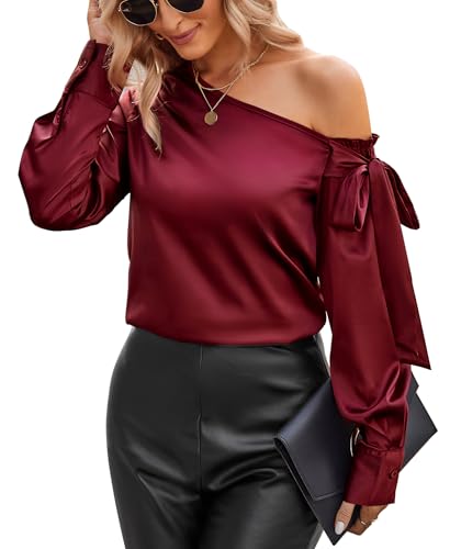 VIDUSSA Damen Bluse Elegant Sommer Schulterfrei Langarm Lässige Tops Seidig Satin Shirts Weinrot L von VIDUSSA