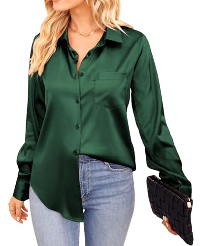 VIDUSSA Damen Button-Down-Hemd Satin Seide Langarm Bluse Freizeit Büro Arbeit V-Ausschnitt Tunika Tops, dunkelgrün, M VIDUSSA Damen Button-Down-Hemd Satin Seide Langarm Bluse Freizeit Büro Arbeit V-Ausschnitt Tunika Tops, dunkelgrün, M von VIDUSSA