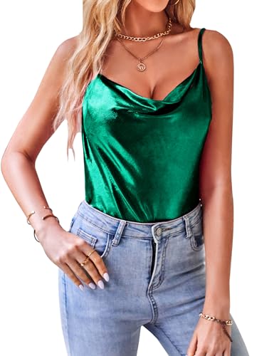 VIDUSSA Damen Funkelnde Tops Glitzer Oberteile Ärmellose Blusen Sommer Tank Shirt Spaghetti Camisole Tops Grün L von VIDUSSA