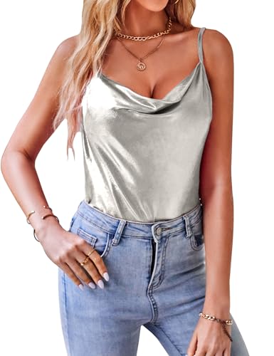 VIDUSSA Damen Funkelnde Tops Glitzer Oberteile Ärmellose Blusen Sommer Tank Shirt Spaghetti Camisole Tops Silber L von VIDUSSA