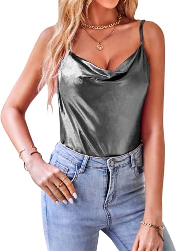 VIDUSSA Damen Funkelnde Tops Glitzer Oberteile Ärmellose Blusen Sommer Tank Shirt Spaghetti Camisole Tops Silbergrau XL von VIDUSSA