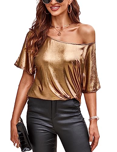 VIDUSSA Damen Kurzarm Glitzer Oberteile Funkelnd Tops Schulterfrei Shirt Tunika Lässig Party Club Blusen Gold L von VIDUSSA