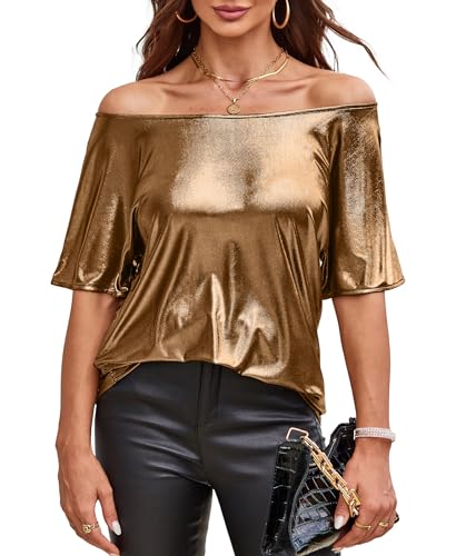 VIDUSSA Glitzer Tops für Damen - Bluse Schulterfrei Kurzarm Elegant Party Oberteil Gold Small von VIDUSSA