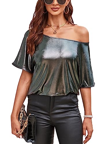 VIDUSSA Damen Kurzarm Glitzer Oberteile Funkelnd Tops Schulterfrei Shirt Tunika Lässig Party Club Blusen Grau L von VIDUSSA