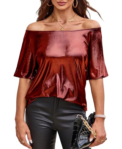 VIDUSSA Glitzer Tops für Damen - Bluse Schulterfrei Kurzarm Elegant Party Oberteil Rot Small von VIDUSSA