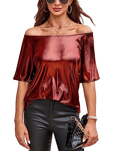 VIDUSSA Damen Kurzarm Glitzer Oberteile Funkelnd Tops Schulterfrei Shirt Tunika Lässig Party Club Blusen Rot XL von VIDUSSA