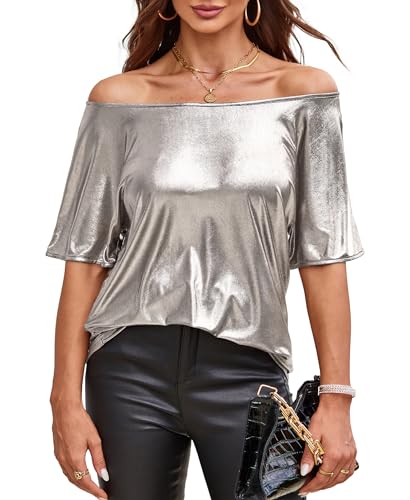 VIDUSSA Glitzer Tops für Damen - Bluse Schulterfrei Kurzarm Elegant Party Oberteil Silber Medium von VIDUSSA