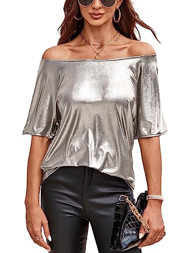 VIDUSSA Damen Kurzarm Glitzer Oberteile Funkelnd Tops Schulterfrei Shirt Tunika Lässig Party Club Blusen Silber S von VIDUSSA