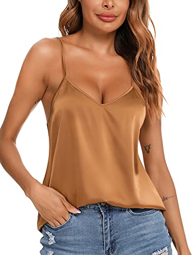 VIDUSSA Damen Satin Cami Tank Top Seidentop Shirt Ärmellose V-Ausschnitt Blusen Spaghetti Oberteile Khaki L von VIDUSSA