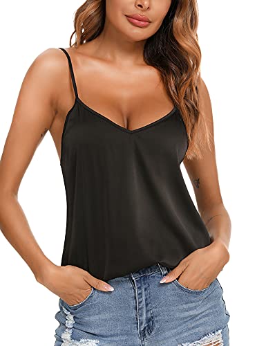 VIDUSSA Damen Satin Cami Tank Top Seidentop Shirt Ärmellose V-Ausschnitt Blusen Spaghetti Oberteile Schwarz S von VIDUSSA