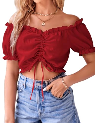 VIDUSSA Damen Sexy Schulterfrei Crop Top Puff Kurzarm V-Ausschnitt Cropped Shirt Bluse Rot XL von VIDUSSA