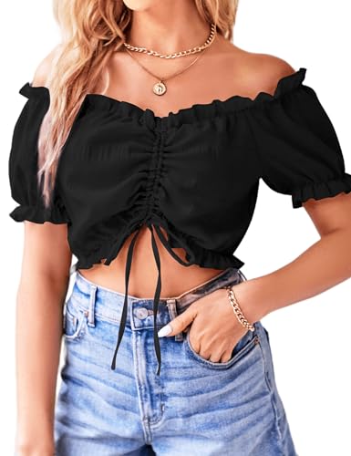 VIDUSSA Damen Sexy Schulterfrei Crop Top Puff Kurzarm V-Ausschnitt Cropped Shirt Bluse Schwarz S von VIDUSSA