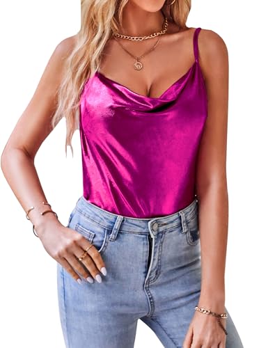 VIDUSSA Damen Shimmer Camisole Tops Wasserfallkragen ärmellos Funkeln Blusen Sommer Tank Shirt, Rosenrot, Groß von VIDUSSA