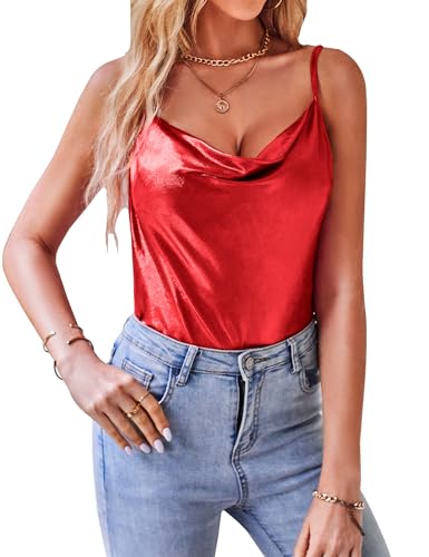 VIDUSSA Damen Shimmer Camisole Tops Wasserfallkragen ärmellos Funkeln Blusen Sommer Tank Shirt, Rot/Ausflug, einfarbig (Getaway Solids), Groß von VIDUSSA