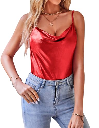 VIDUSSA Damen Shimmer Camisole Tops Wasserfallkragen ärmellos Funkeln Blusen Sommer Tank Shirt, Rot/Ausflug, einfarbig (Getaway Solids), XX-Large von VIDUSSA