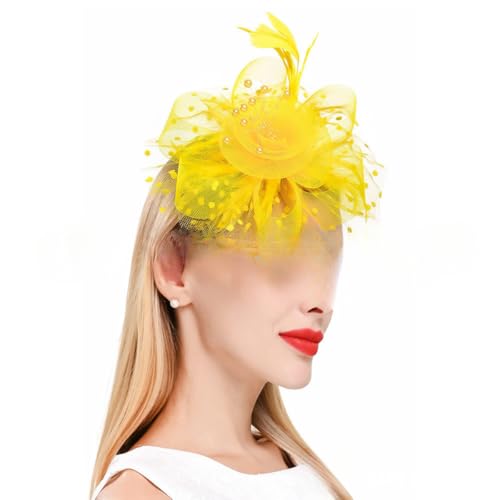 VIEWLEAF Haarnadeln Brauthaarschmuck, Feder Haarspange, Schleier-Kopfschmuck, Fascinator Hut, Spitzen Haarreif für Abendgarderobe (Gelb) von VIEWLEAF