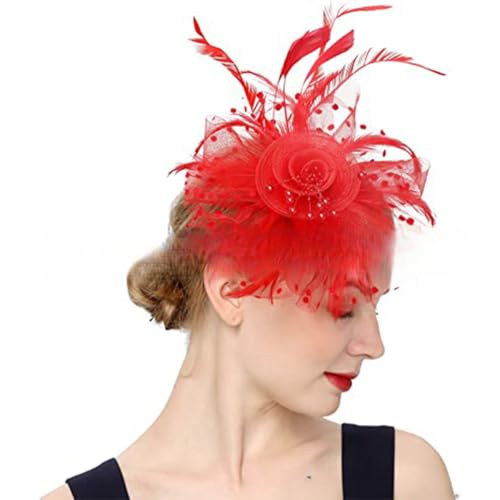VIEWLEAF Haarnadeln Brauthaarschmuck, Feder Haarspange, Schleier-Kopfschmuck, Fascinator Hut, Spitzen Haarreif für Abendgarderobe (Rot) von VIEWLEAF