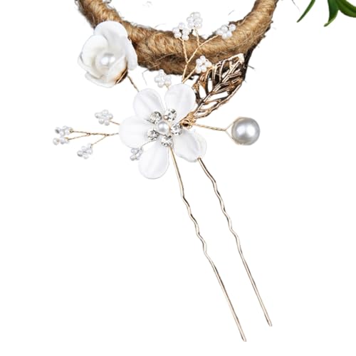 VIEWLEAF Handgefertigte Brautkrone Haarnadeln Gold Blätter für Hochzeitsfrisuren und Brautstyling (2 Blumen Haargabel,Weiß) von VIEWLEAF